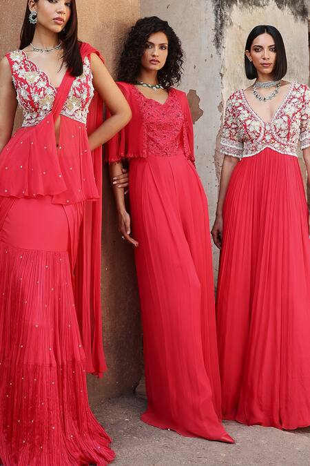 Buy Seema Thukral Coral Georgette, Satin Embroidery V-neck Niyati Resham Jumpsuit Buy_Seema Thukral_Coral Georgette, Satin Embroidery V-neck Niyati Resham Jumpsuit