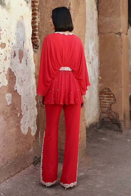 Seema Thukral Coral Georgette, Satin Pearls, Aditi Embroidered Peplum Kurta With Slit Pant Online at Aza Fashions Seema Thukral_Coral Georgette, Satin Pearls, Aditi Embroidered Peplum Kurta With Slit Pant _Online_at_Aza_Fashions