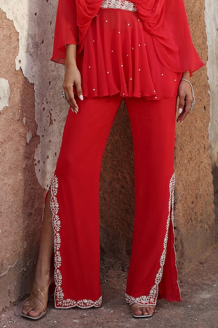Buy Seema Thukral Coral Georgette, Satin Pearls, Aditi Embroidered Peplum Kurta With Slit Pant Online at Aza Fashions Buy_Seema Thukral_Coral Georgette, Satin Pearls, Aditi Embroidered Peplum Kurta With Slit Pant _Online_at_Aza_Fashions