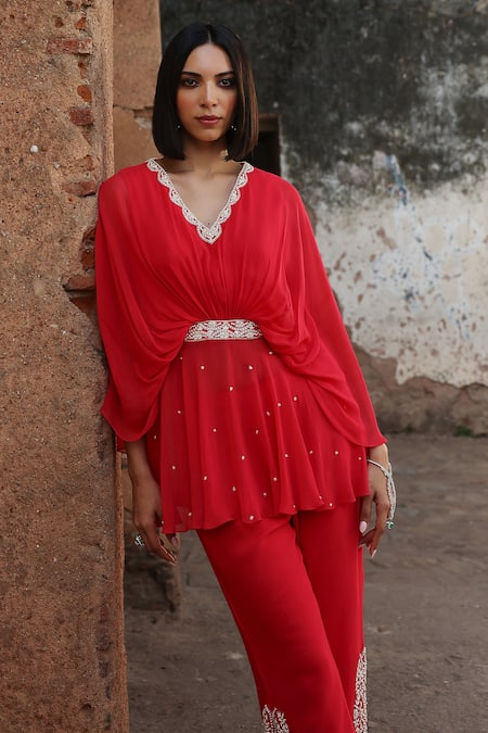 Shop Seema Thukral Coral Georgette, Satin Pearls, Aditi Embroidered Peplum Kurta With Slit Pant Online at Aza Fashions Shop_Seema Thukral_Coral Georgette, Satin Pearls, Aditi Embroidered Peplum Kurta With Slit Pant _Online_at_Aza_Fashions