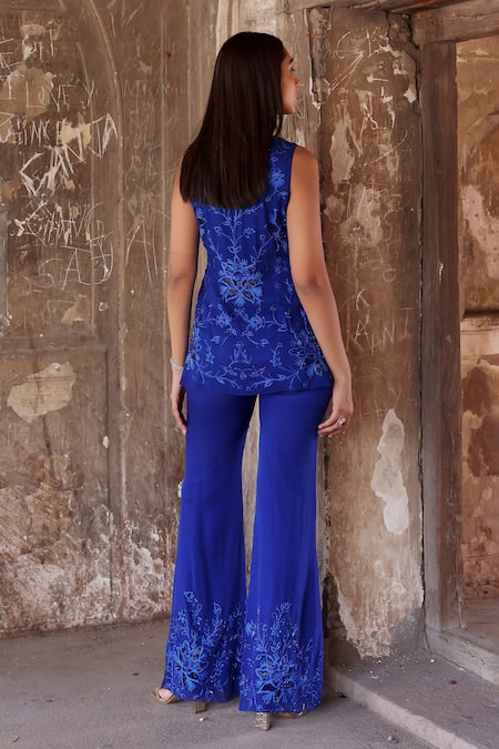 Shop Seema Thukral Blue Georgette, Net, Organza Pearls, Crystals, Adira Resham Kurta Pant Set at Aza Fashions Shop_Seema Thukral_Blue Georgette, Net, Organza Pearls, Crystals, Adira Resham Kurta Pant Set _at_Aza_Fashions