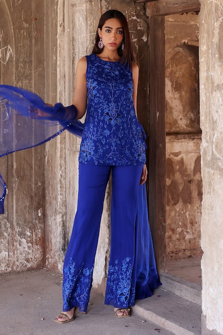 Seema Thukral Blue Georgette, Net, Organza Pearls, Crystals, Adira Resham Kurta Pant Set Online at Aza Fashions Seema Thukral_Blue Georgette, Net, Organza Pearls, Crystals, Adira Resham Kurta Pant Set _Online_at_Aza_Fashions