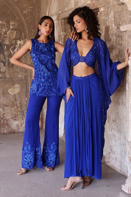 Seema Thukral Blue Georgette, Net, Organza Pearls, Crystals, Adira Resham Kurta Pant Set at Aza Fashions Seema Thukral_Blue Georgette, Net, Organza Pearls, Crystals, Adira Resham Kurta Pant Set _at_Aza_Fashions
