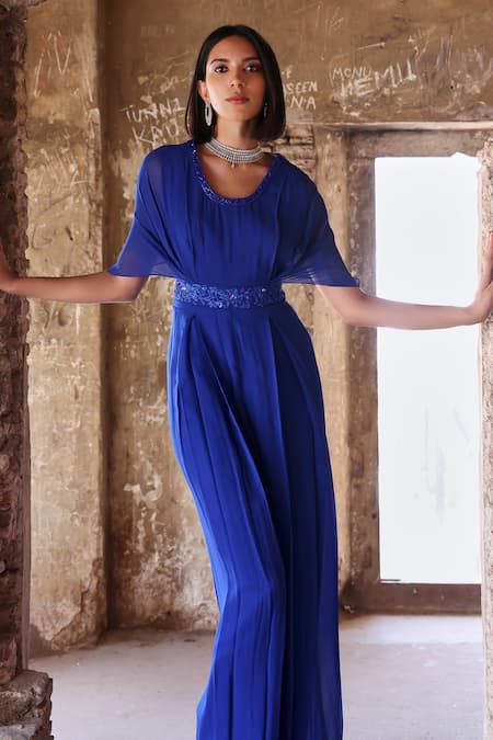 Seema Thukral Blue Georgette, Satin Embroidery, Sequins, Beads Round Alessa Waist Jumpsuit Online at Aza Fashions Seema Thukral_Blue Georgette, Satin Embroidery, Sequins, Beads Round Alessa Waist Jumpsuit _Online_at_Aza_Fashions
