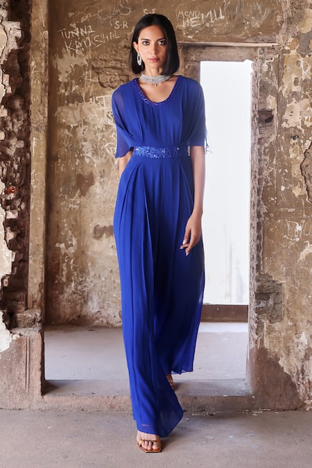 Shop Seema Thukral Blue Georgette, Satin Embroidery, Sequins, Beads Round Alessa Waist Jumpsuit Online at Aza Fashions Shop_Seema Thukral_Blue Georgette, Satin Embroidery, Sequins, Beads Round Alessa Waist Jumpsuit _Online_at_Aza_Fashions