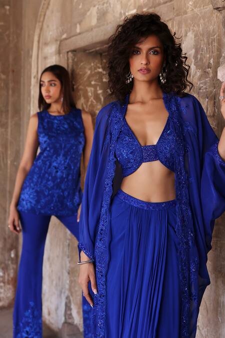 Seema Thukral Blue Georgette Beads, Sequins, Embroidery Sweetheart Myra Resham Cape Skirt Set at Aza Fashions Seema Thukral_Blue Georgette Beads, Sequins, Embroidery Sweetheart Myra Resham Cape Skirt Set _at_Aza_Fashions