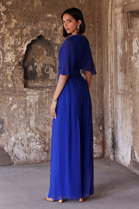 Shop Seema Thukral Blue Georgette, Satin Embroidery, Beads, Sequins Audrey Overlap Panel Jumpsuit at Aza Fashions Shop_Seema Thukral_Blue Georgette, Satin Embroidery, Beads, Sequins Audrey Overlap Panel Jumpsuit _at_Aza_Fashions