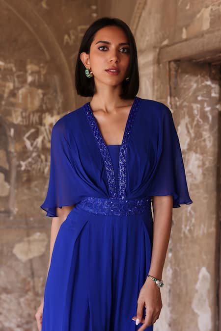 Seema Thukral Blue Georgette, Satin Embroidery, Beads, Sequins Audrey Overlap Panel Jumpsuit Online at Aza Fashions Seema Thukral_Blue Georgette, Satin Embroidery, Beads, Sequins Audrey Overlap Panel Jumpsuit _Online_at_Aza_Fashions
