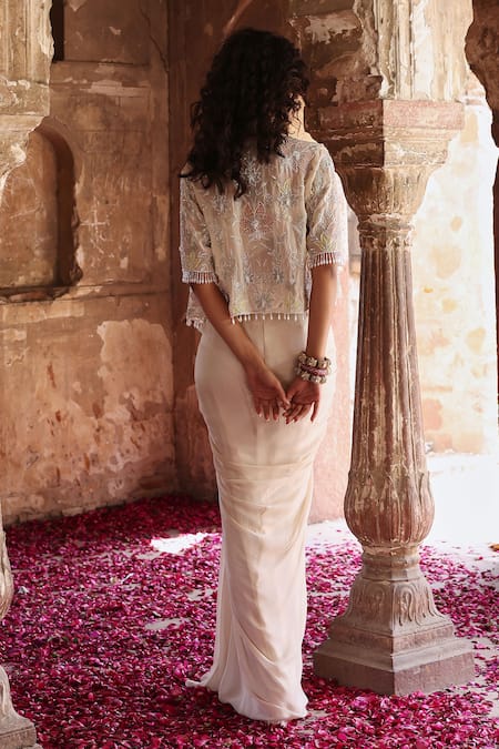 Seema Thukral Ivory Georgette, Organza Pearls, Keya Floral Embroidered Jacket Skirt Set Online at Aza Fashions Seema Thukral_Ivory Georgette, Organza Pearls, Keya Floral Embroidered Jacket Skirt Set _Online_at_Aza_Fashions