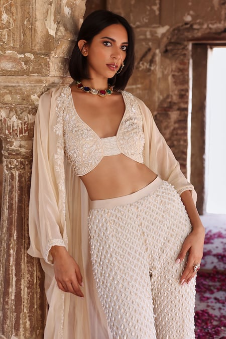 Shop Seema Thukral Ivory Georgette, Silk Pearls, Sequins, Beads, Niveda Embellished Cape Pant Set Online at Aza Fashions Shop_Seema Thukral_Ivory Georgette, Silk Pearls, Sequins, Beads, Niveda Embellished Cape Pant Set _Online_at_Aza_Fashions