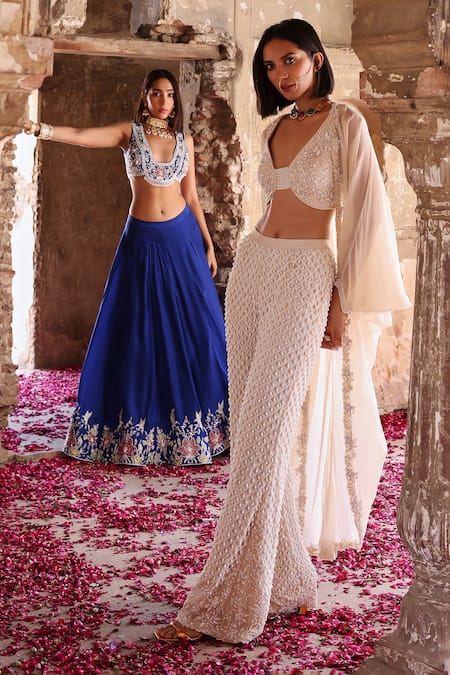 Buy Seema Thukral Ivory Georgette, Silk Pearls, Sequins, Beads, Niveda Embellished Cape Pant Set Buy_Seema Thukral_Ivory Georgette, Silk Pearls, Sequins, Beads, Niveda Embellished Cape Pant Set