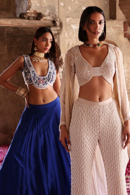 Shop Seema Thukral Ivory Georgette, Silk Pearls, Sequins, Beads, Niveda Embellished Cape Pant Set Shop_Seema Thukral_Ivory Georgette, Silk Pearls, Sequins, Beads, Niveda Embellished Cape Pant Set