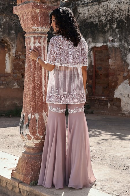 Seema Thukral_Purple Georgette, Organza, Net Pearls, Mireia Floral Jacket Gharara Set _Online_at_Aza_Fashions