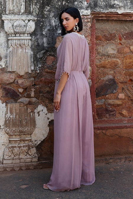 Seema Thukral Purple Organza, Georgette, Satin Embroidery V-neck Shea Draped Jumpsuit Online at Aza Fashions Seema Thukral_Purple Organza, Georgette, Satin Embroidery V-neck Shea Draped Jumpsuit _Online_at_Aza_Fashions