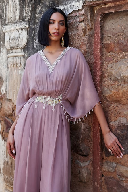Buy Seema Thukral Purple Organza, Georgette, Satin Embroidery V-neck Shea Draped Jumpsuit Online at Aza Fashions Buy_Seema Thukral_Purple Organza, Georgette, Satin Embroidery V-neck Shea Draped Jumpsuit _Online_at_Aza_Fashions