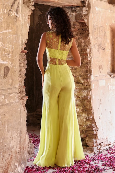 Shop Seema Thukral Green Net, Organza, Georgette, Kirat Floral Embroidered Jumpsuit With Pallu at Aza Fashions Shop_Seema Thukral_Green Net, Organza, Georgette, Kirat Floral Embroidered Jumpsuit With Pallu _at_Aza_Fashions