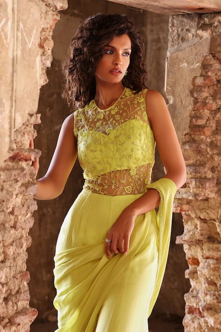 Shop Seema Thukral Green Net, Organza, Georgette, Kirat Floral Embroidered Jumpsuit With Pallu Online at Aza Fashions Shop_Seema Thukral_Green Net, Organza, Georgette, Kirat Floral Embroidered Jumpsuit With Pallu _Online_at_Aza_Fashions