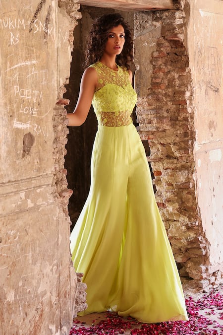 Buy Seema Thukral Green Net, Organza, Georgette, Kirat Floral Embroidered Jumpsuit With Pallu Buy_Seema Thukral_Green Net, Organza, Georgette, Kirat Floral Embroidered Jumpsuit With Pallu