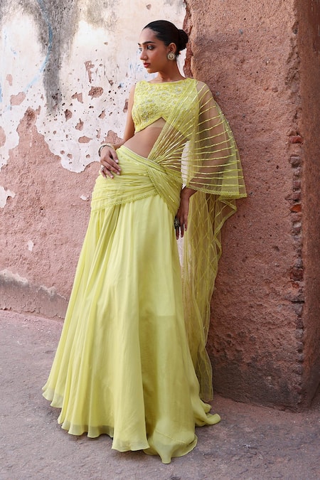 Seema Thukral Green Georgette, Satin, Mahi Embroidered Pre-draped Skirt Saree With Blouse Online at Aza Fashions Seema Thukral_Green Georgette, Satin, Mahi Embroidered Pre-draped Skirt Saree With Blouse _Online_at_Aza_Fashions