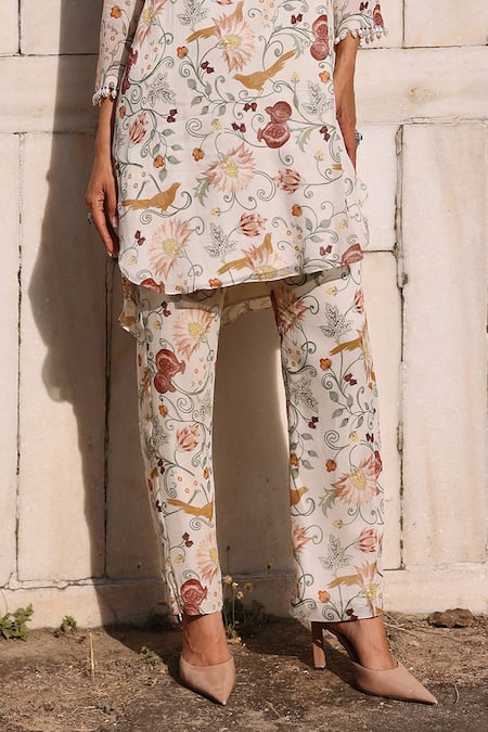 Seema Thukral_Ivory Georgette, Satin Tassels Round Neck Driti Floral Print Kurta And Pant Set _Online_at_Aza_Fashions