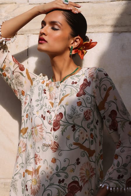 Buy_Seema Thukral_Ivory Georgette, Satin Tassels Round Neck Driti Floral Print Kurta And Pant Set _Online_at_Aza_Fashions
