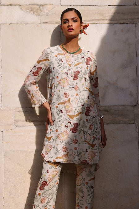 Shop_Seema Thukral_Ivory Georgette, Satin Tassels Round Neck Driti Floral Print Kurta And Pant Set _Online_at_Aza_Fashions