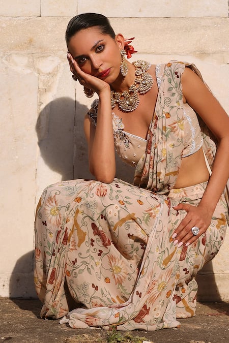 Buy Seema Thukral Pink Georgette, Satin Beads, Vihana Floral Print Pre-draped Saree With Blouse Online at Aza Fashions Buy_Seema Thukral_Pink Georgette, Satin Beads, Vihana Floral Print Pre-draped Saree With Blouse _Online_at_Aza_Fashions