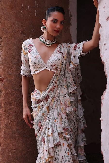 Buy_Seema Thukral_Ivory Georgette, Satin Hayami Floral Print Ruffled Pre-draped Saree With Blouse _Online_at_Aza_Fashions