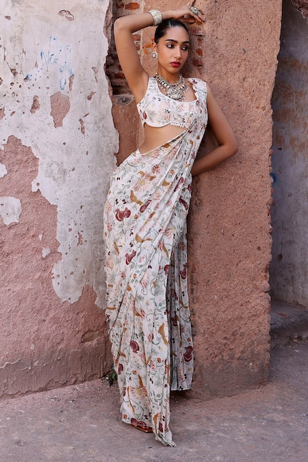Shop_Seema Thukral_Ivory Georgette, Satin Beads, Tanishka Flower Print Pre-draped Saree With Blouse _Online_at_Aza_Fashions