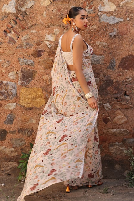 Seema Thukral Misha Embroidered Border Printed Pre-Draped Saree With Blouse 