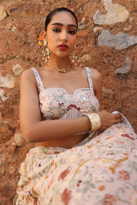 Seema Thukral_Pink Georgette, Misha Embroidered Border Printed Pre-draped Saree With Blouse _Online_at_Aza_Fashions