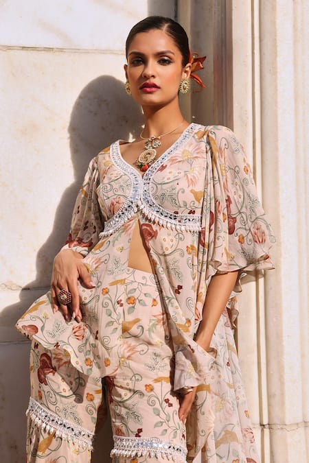 Seema Thukral_Pink Georgette, Satin Embroidery, Nirvi Floral Print Peplum Top And Gharara Set _Online_at_Aza_Fashions