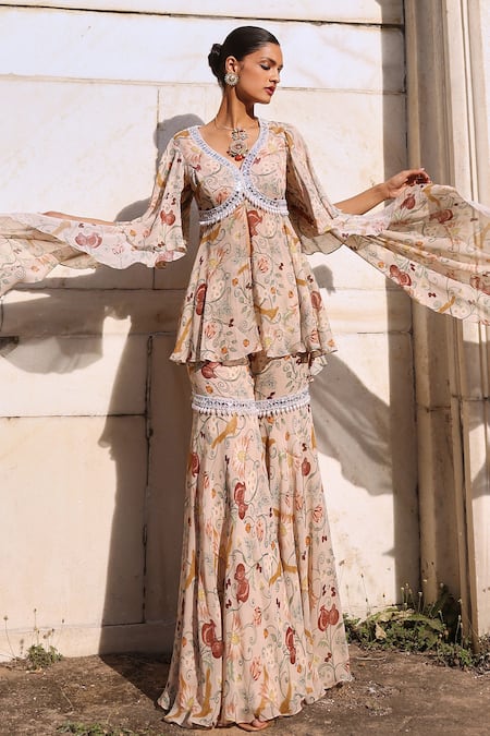 Buy_Seema Thukral_Pink Georgette, Satin Embroidery, Nirvi Floral Print Peplum Top And Gharara Set _Online_at_Aza_Fashions