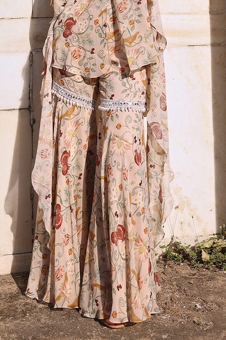 Shop_Seema Thukral_Pink Georgette, Satin Embroidery, Nirvi Floral Print Peplum Top And Gharara Set _Online_at_Aza_Fashions