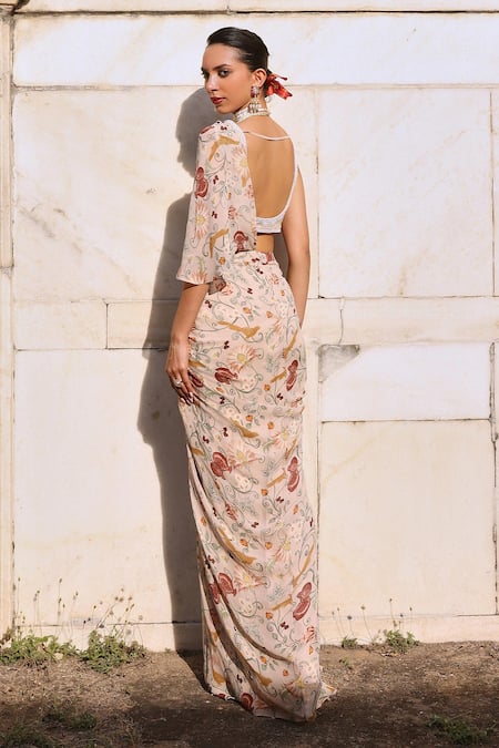 Shop Seema Thukral Pink Georgette, Satin Embroidery Siya Floral Print Pre-draped Saree With Blouse at Aza Fashions Shop_Seema Thukral_Pink Georgette, Satin Embroidery Siya Floral Print Pre-draped Saree With Blouse _at_Aza_Fashions