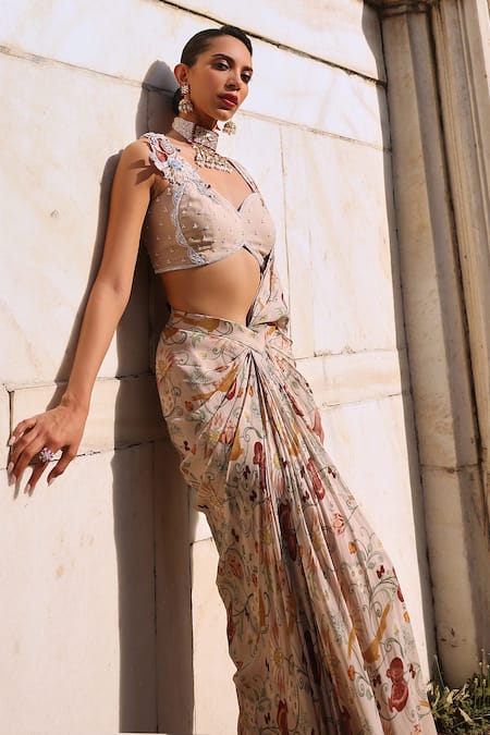 Seema Thukral Pink Georgette, Satin Embroidery Siya Floral Print Pre-draped Saree With Blouse Online at Aza Fashions Seema Thukral_Pink Georgette, Satin Embroidery Siya Floral Print Pre-draped Saree With Blouse _Online_at_Aza_Fashions