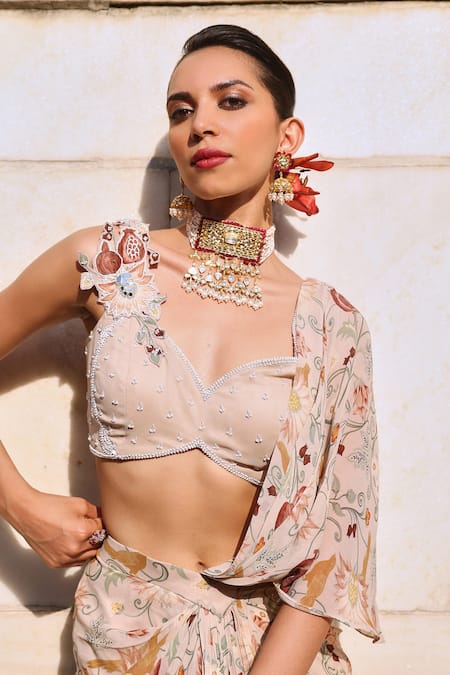 Shop Seema Thukral Pink Georgette, Satin Embroidery Siya Floral Print Pre-draped Saree With Blouse Online at Aza Fashions Shop_Seema Thukral_Pink Georgette, Satin Embroidery Siya Floral Print Pre-draped Saree With Blouse _Online_at_Aza_Fashions