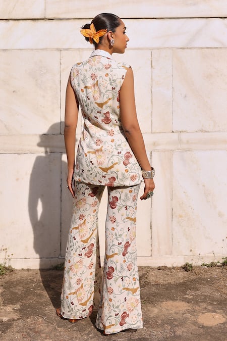 Shop Seema Thukral Ivory Georgette, Satin Embroidery, Beads, Sequins Tishya Printed Jacket Pant Set at Aza Fashions Shop_Seema Thukral_Ivory Georgette, Satin Embroidery, Beads, Sequins Tishya Printed Jacket Pant Set _at_Aza_Fashions