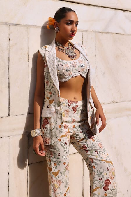 Seema Thukral Ivory Georgette, Satin Embroidery, Beads, Sequins Tishya Printed Jacket Pant Set Online at Aza Fashions Seema Thukral_Ivory Georgette, Satin Embroidery, Beads, Sequins Tishya Printed Jacket Pant Set _Online_at_Aza_Fashions