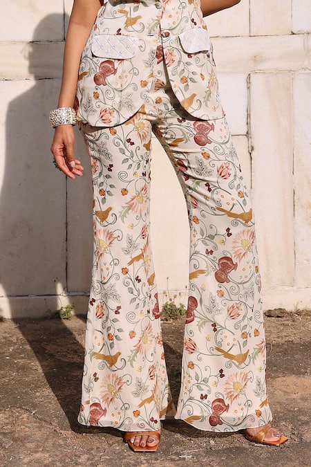 Seema Thukral Ivory Georgette, Satin Embroidery, Beads, Sequins Tishya Printed Jacket Pant Set at Aza Fashions Seema Thukral_Ivory Georgette, Satin Embroidery, Beads, Sequins Tishya Printed Jacket Pant Set _at_Aza_Fashions