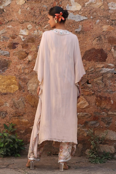 Shop Seema Thukral Pink Chiffon, Satin, Georgette Mirrors, Prisha Floral Print Kaftan And Pant Set at Aza Fashions Shop_Seema Thukral_Pink Chiffon, Satin, Georgette Mirrors, Prisha Floral Print Kaftan And Pant Set _at_Aza_Fashions