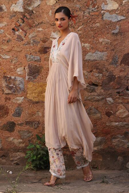 Shop Seema Thukral Pink Chiffon, Satin, Georgette Mirrors, Prisha Floral Print Kaftan And Pant Set Online at Aza Fashions Shop_Seema Thukral_Pink Chiffon, Satin, Georgette Mirrors, Prisha Floral Print Kaftan And Pant Set _Online_at_Aza_Fashions