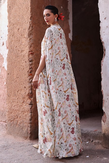 Shop_Seema Thukral_Ivory Georgette Printed Floral V Neck Amara Draped Embroidered Kaftan _at_Aza_Fashions