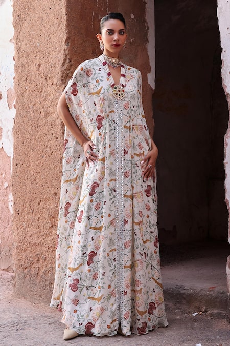 Seema Thukral_Ivory Georgette Printed Floral V Neck Amara Draped Embroidered Kaftan _Online_at_Aza_Fashions