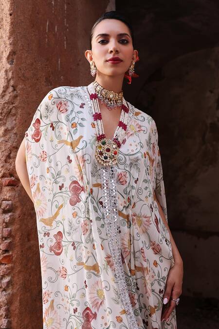 Buy_Seema Thukral_Ivory Georgette Printed Floral V Neck Amara Draped Embroidered Kaftan _Online_at_Aza_Fashions