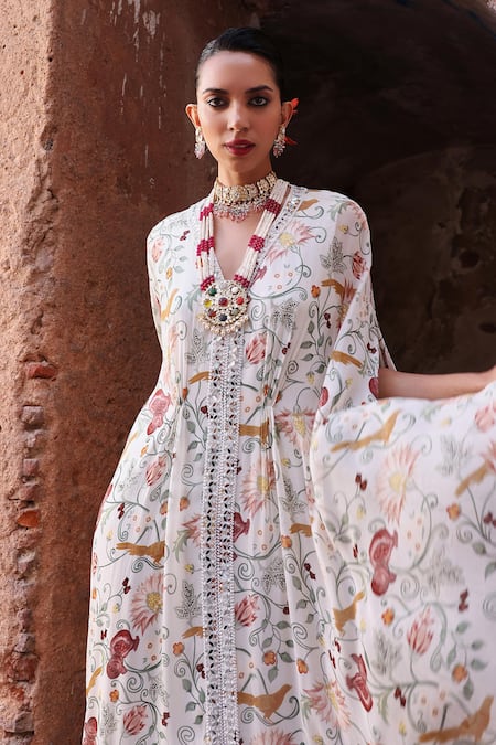 Shop_Seema Thukral_Ivory Georgette Printed Floral V Neck Amara Draped Embroidered Kaftan _Online_at_Aza_Fashions