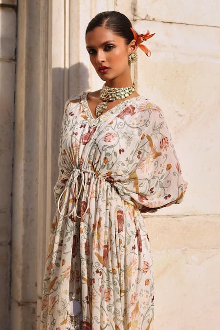 Seema Thukral Ivory Georgette, Satin Embroidery, Mirrors, Aarvi Embellished Gathered Kaftan Online at Aza Fashions Seema Thukral_Ivory Georgette, Satin Embroidery, Mirrors, Aarvi Embellished Gathered Kaftan _Online_at_Aza_Fashions