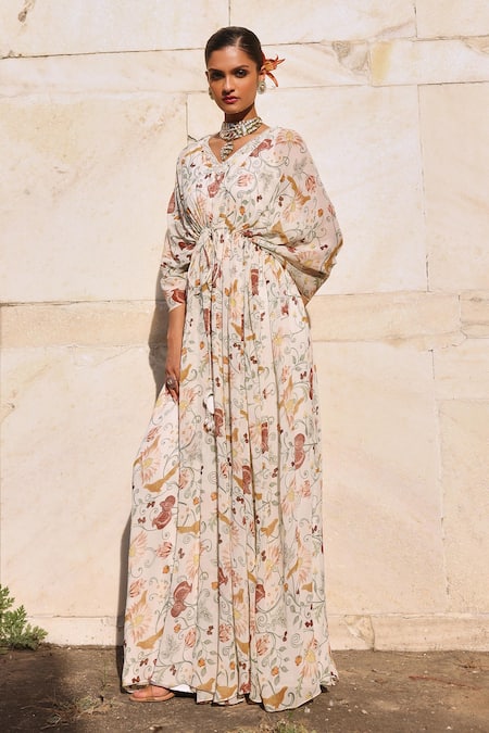 Buy Seema Thukral Ivory Georgette, Satin Embroidery, Mirrors, Aarvi Embellished Gathered Kaftan Online at Aza Fashions Buy_Seema Thukral_Ivory Georgette, Satin Embroidery, Mirrors, Aarvi Embellished Gathered Kaftan _Online_at_Aza_Fashions