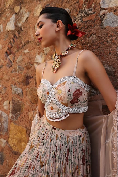 Seema Thukral Pink Georgette Kaira Organza Embroidered Cape And Floral Print Lehenga Set Online at Aza Fashions Seema Thukral_Pink Georgette Kaira Organza Embroidered Cape And Floral Print Lehenga Set _Online_at_Aza_Fashions