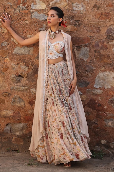 Buy Seema Thukral Pink Georgette Kaira Organza Embroidered Cape And Floral Print Lehenga Set Online at Aza Fashions Buy_Seema Thukral_Pink Georgette Kaira Organza Embroidered Cape And Floral Print Lehenga Set _Online_at_Aza_Fashions